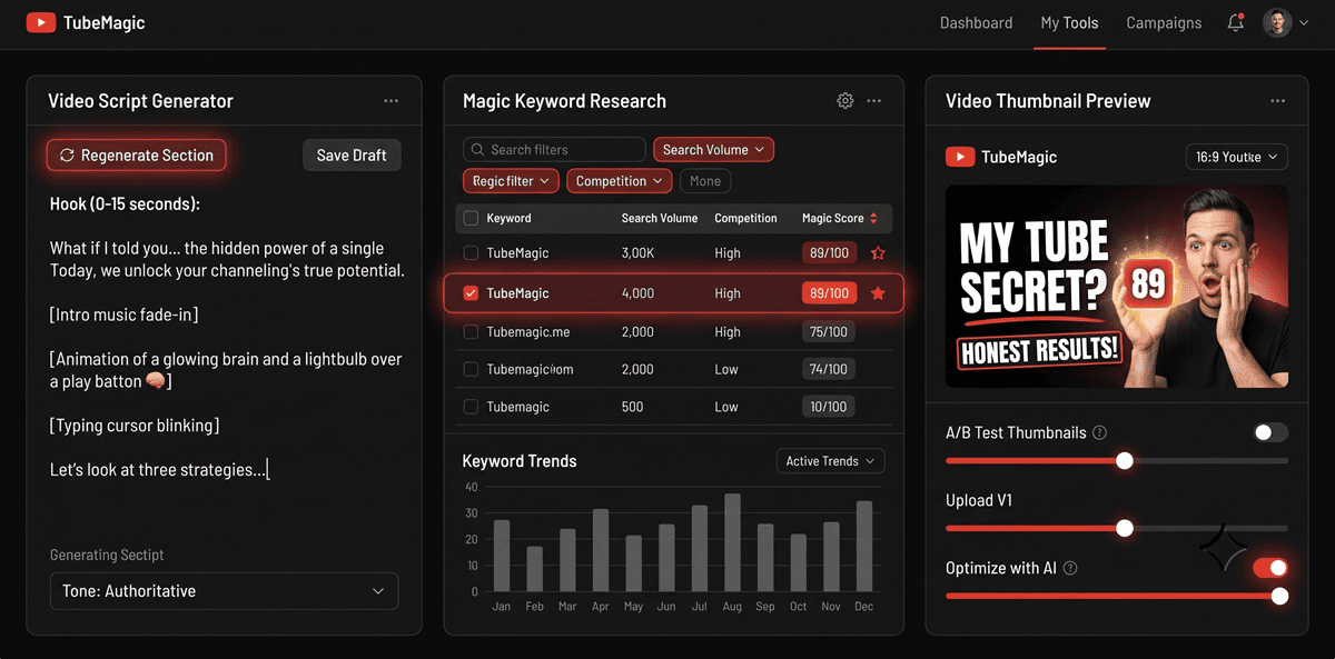 TubeMagic dashboard showing script generator, keyword research with Magic Score, and thumbnail preview